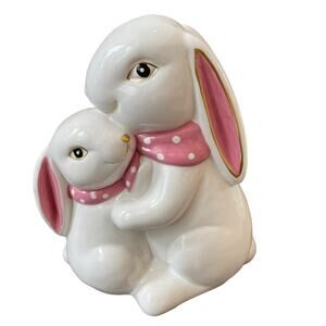 Mom & Daughter Bunny Rabbits Hugging Ceramic Easter Figurine 10" White Pink New